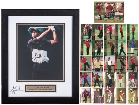 Tiger Woods Twice Signed 13" x 16" Framed Display Including Tiger Woods Signed Career Grand Slam Commemorative Card Featuring (25) Upper Deck Tiger Woods Premiere Edition Card Set (JSA)